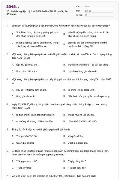 15 câu trắc nghiệm Lịch sử 9 Cánh diều Bài 12 có đáp án (Phần 6)