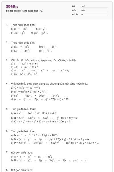 Bài tập Toán 8: Hằng đẳng thức (P2)