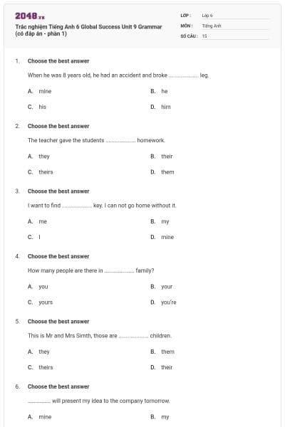 Trắc nghiệm Tiếng Anh 6 Global Success Unit 9 Grammar (có đáp án - phần 1)
