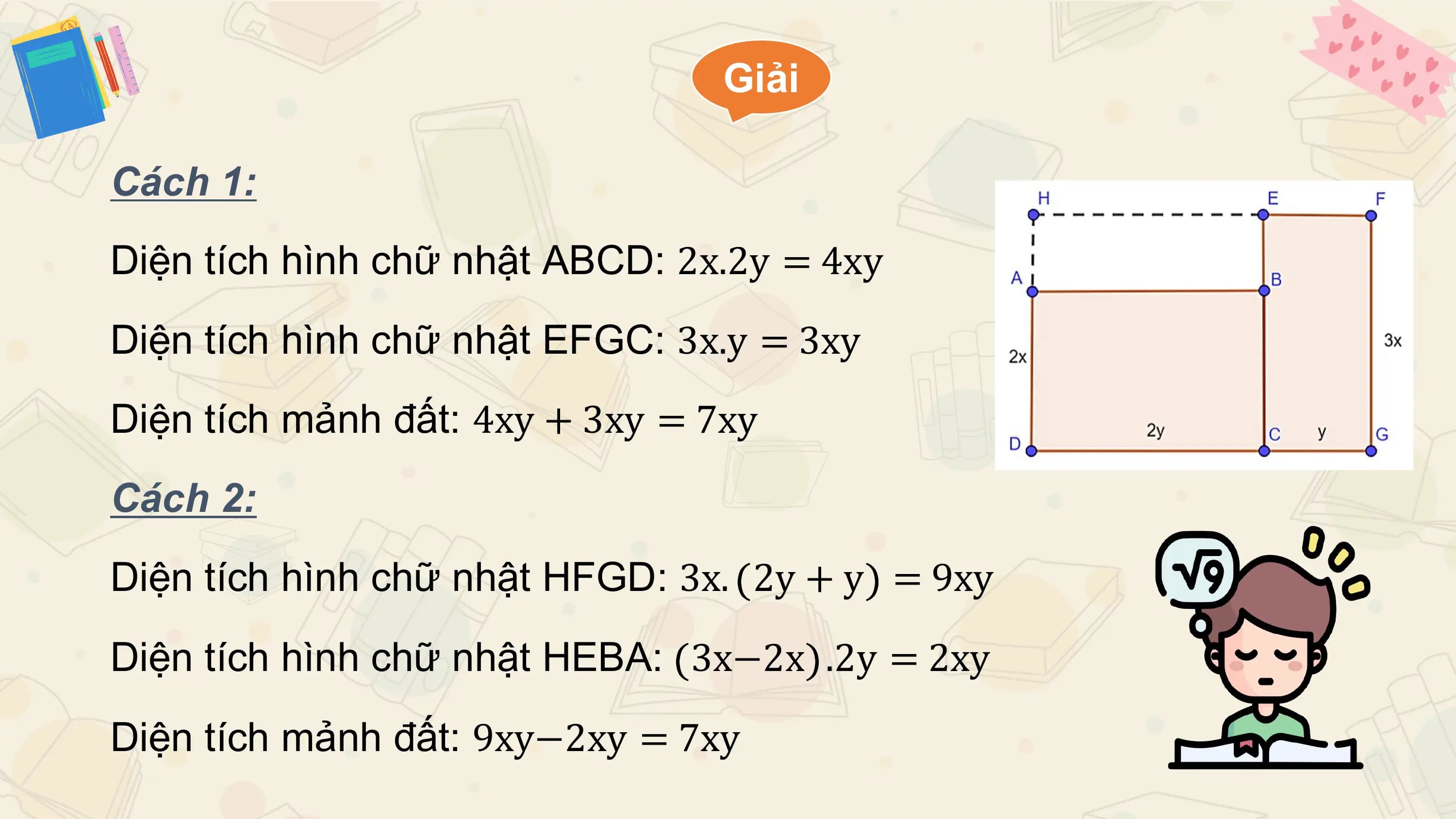 Giải

Cách 1:
Diện tích hình chữ nhật ABCD: 2x.2y = 4xy
Diện tích hình chữ nhật EFGC: 3x.y = 3xy
Diện tích mảnh đất: 4xy + 3xy = 7xy
Cách 2:
Diện tích hình chữ nhật HFGD: 3x. 2y + y = 9xy
Diện tích hình chữ nhật HEBA: 3x−2x .2y = 2xy
Diện tích mảnh đất: 9xy−2xy = 7xy