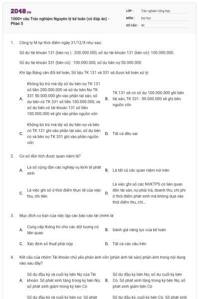 1000+ câu Trắc nghiệm Nguyên lý kế toán (có đáp án) - Phần 5
