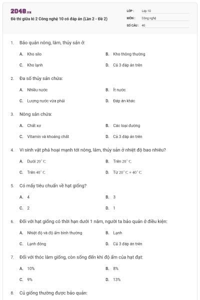 Đề thi giữa kì 2 Công nghệ 10 có đáp án (Lần 2 - Đề 2)