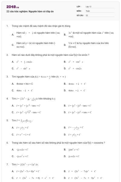 22 câu trắc nghiệm: Nguyên hàm có đáp án