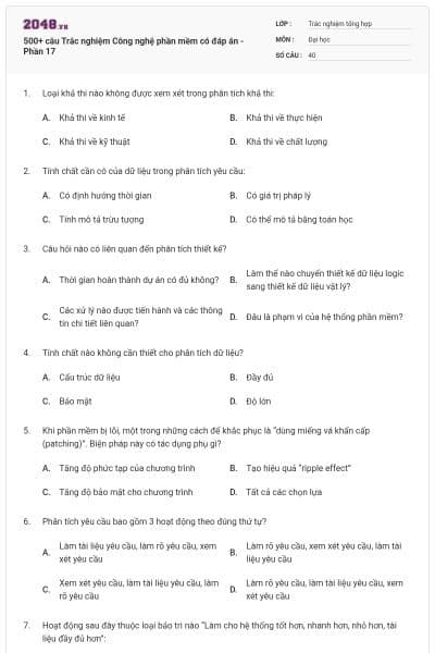 500+ câu Trắc nghiệm Công nghệ phần mềm có đáp án - Phần 17