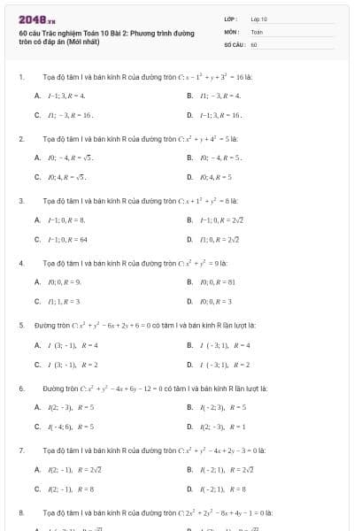 60 câu Trắc nghiệm Toán 10 Bài 2: Phương trình đường tròn có đáp án (Mới nhất)