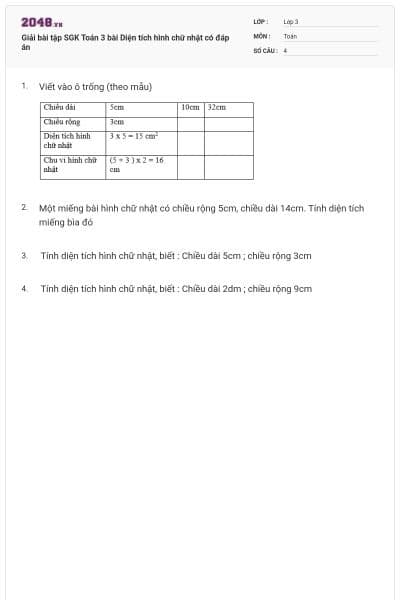 Giải bài tập SGK Toán 3 bài Diện tích hình chữ nhật có đáp án