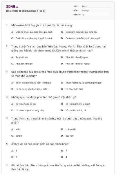 Đề kiểm tra 15 phút Sinh học 6 (Đề 1)