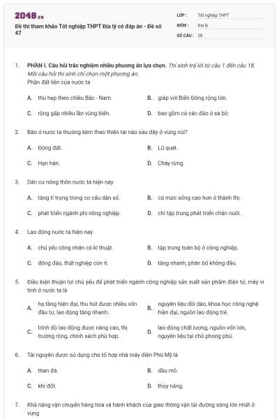 Đề thi tham khảo Tốt nghiệp THPT Địa lý có đáp án - Đề số 47