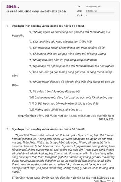 Đề thi thử ĐGNL ĐHQG Hà Nội năm 2023-2024 (Đề 24)