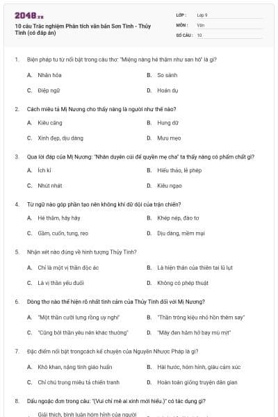10 câu Trắc nghiệm Phân tích văn bản Sơn Tinh - Thủy Tinh (có đáp án)
