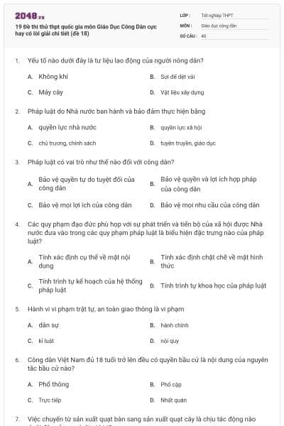 19 Đề thi thử thpt quốc gia môn Giáo Dục Công Dân cực hay có lời giải chi tiết (đề 18)