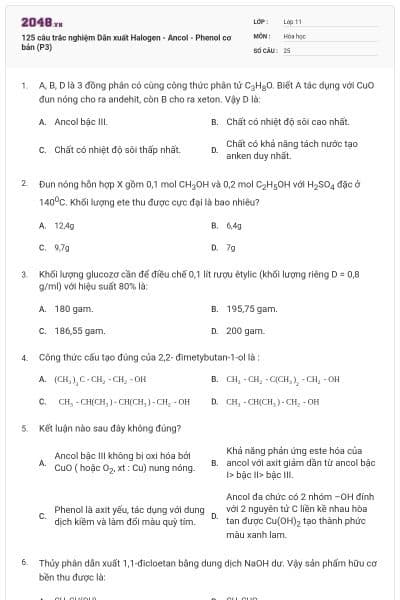 125 câu trắc nghiệm Dẫn xuất Halogen - Ancol - Phenol cơ bản (P3)