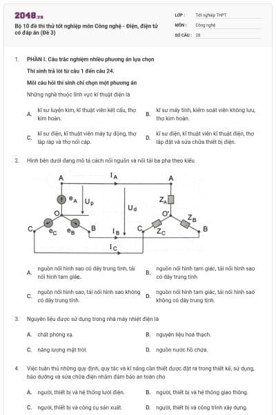 Bộ 10 đề thi thử tốt nghiệp môn Công nghệ - Điện, điện tử có đáp án (Đề 3)