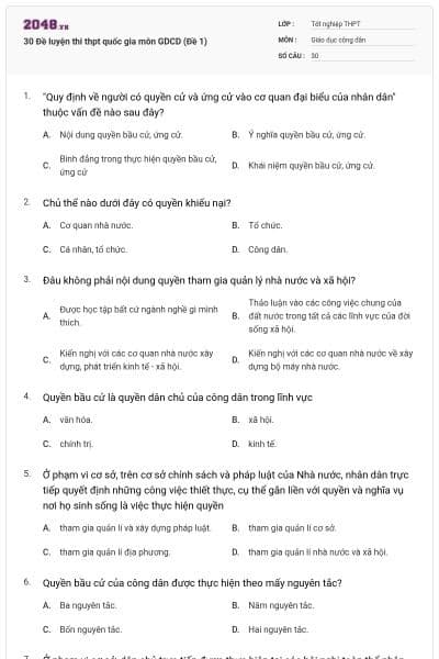 30 Đề luyện thi thpt quốc gia môn GDCD (Đề 1)