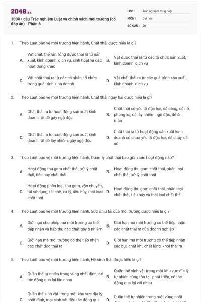1000+ câu Trắc nghiệm Luật và chính sách môi trường (có đáp án) - Phần 6