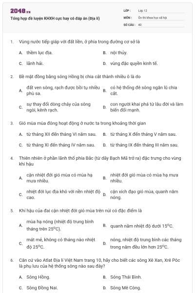 Tổng hợp đề luyện KHXH cực hay có đáp án (Địa lí)