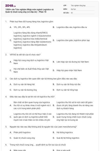 1000+ câu Trắc nghiệm Nhập môn ngành Logistics và Quản lý chuỗi cung ứng (có đáp án) - Phần 18