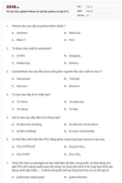 50 câu trắc nghiệm Polime và vật liệu polime cơ bản (P1)
