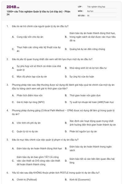 1000+ câu Trắc nghiệm Quản lý đầu tư (có đáp án) - Phần 34