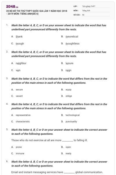 20 BỘ ĐỀ THI THỬ THPT QUỐC GIA LẦN 1 NĂM HỌC 2018 - 2019 MÔN: TIẾNG ANH(ĐỀ 6)