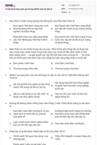 10 đề thi thi thpt quốc gia tổ hợp KHXH môn Sử (Đề 4)