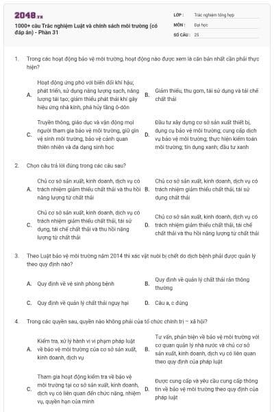 1000+ câu Trắc nghiệm Luật và chính sách môi trường (có đáp án) - Phần 31