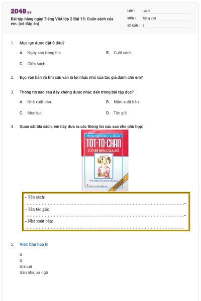 Bài tập hàng ngày Tiếng Việt lớp 2 Bài 15: Cuốn sách của em. (có đáp án)