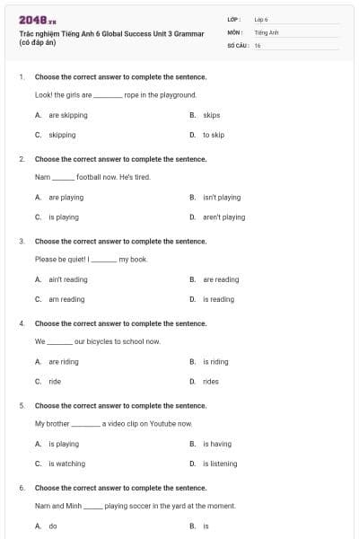 Trắc nghiệm Tiếng Anh 6 Global Success Unit 3 Grammar (có đáp án)
