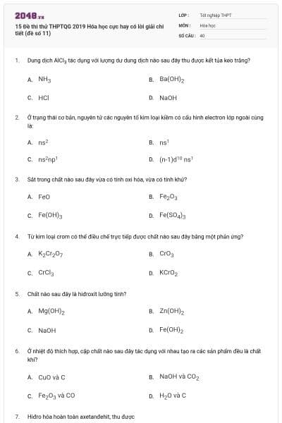 15 Đề thi thử THPTQG 2019 Hóa học cực hay có lời giải chi tiết (đề số 11)