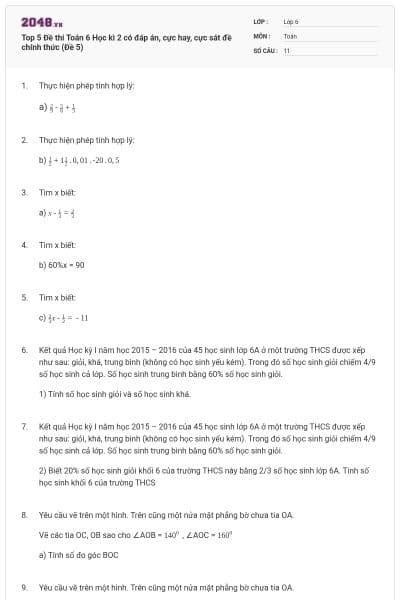 Top 5 Đề thi Toán 6 Học kì 2 có đáp án, cực hay, cực sát đề chính thức (Đề 5)