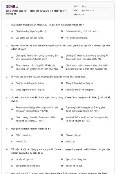 Đề kiểm tra giữa kì 1 - Môn: lịch sử và địa lí 8 KNTT (Đề 1)  có đáp án