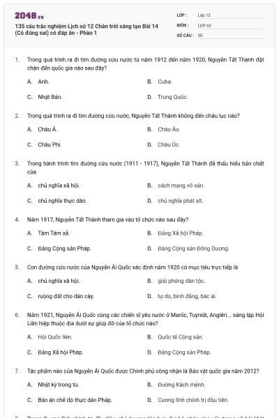 135 câu trắc nghiệm Lịch sử 12 Chân trời sáng tạo Bài 14 (Có đúng sai) có đáp án - Phần 1