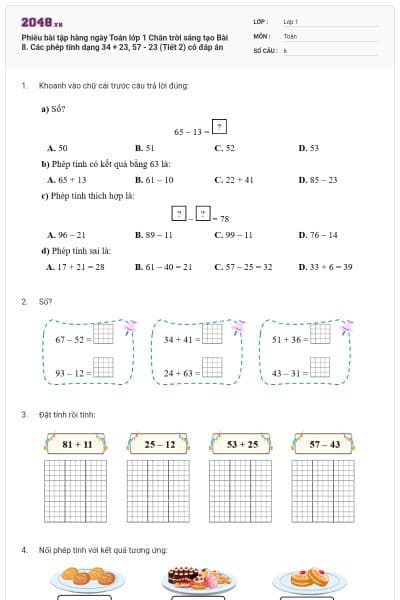 Phiếu bài tập hàng ngày Toán lớp 1 Chân trời sáng tạo Bài 8. Các phép tính dạng 34 + 23, 57 - 23 (Tiết 2) có đáp án