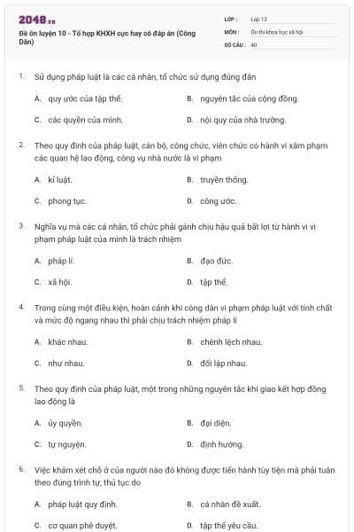 Đề ôn luyện 10 - Tổ hợp KHXH cực hay có đáp án (Công Dân)