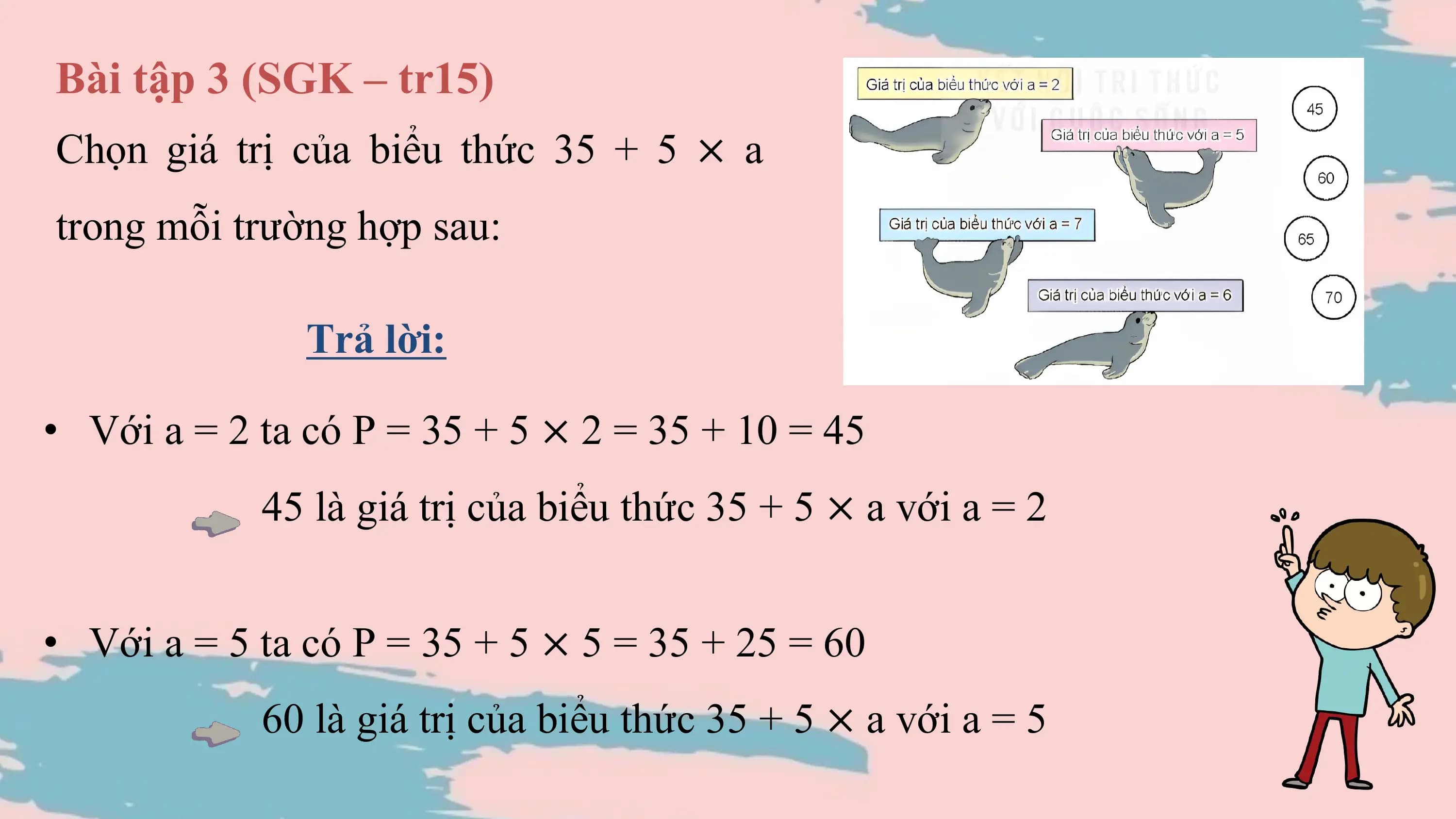 Bài tập 3 (SGK – tr15)
Chọn giá trị của biểu thức 35 + 5 × a
trong mỗi trường hợp sau:

 Trả lời:

• Với a = 2 ta có P = 35 + 5 × 2 = 35 + 10 = 45
 45 là giá trị của biểu thức 35 + 5 × a với a = 2

• Với a = 5 ta có P = 35 + 5 × 5 = 35 + 25 = 60
 60 là giá trị của biểu thức 35 + 5 × a với a = 5