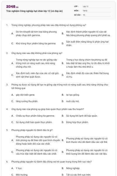 Trắc nghiệm Công nghiệp hạt nhân lớp 12 (có đáp án)