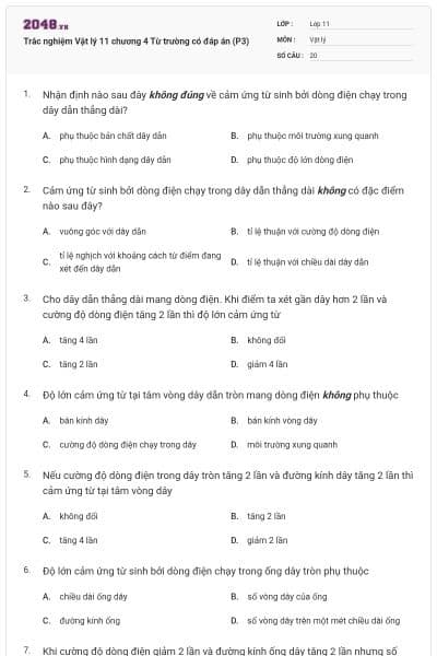 Trắc nghiệm Vật lý 11 chương 4 Từ trường có đáp án (P3)