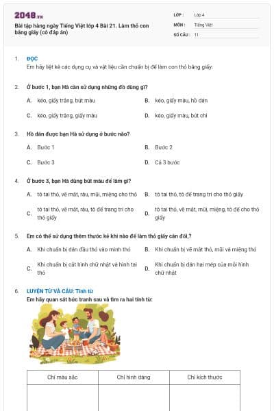Bài tập hàng ngày Tiếng Việt lớp 4 Bài 21. Làm thỏ con bằng giấy (có đáp án)