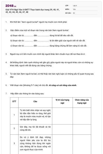 Giải VTH Ngữ Văn 6 KNTT Thực hành đọc trang 39, 40, 41, 42, 43, 44, 45, 46, 47, 48