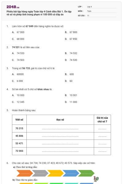 Phiếu bài tập hàng ngày Toán lớp 4 Cánh diều Bài 1. Ôn tập về số và phép tính trong phạm vi 100 000 có đáp án