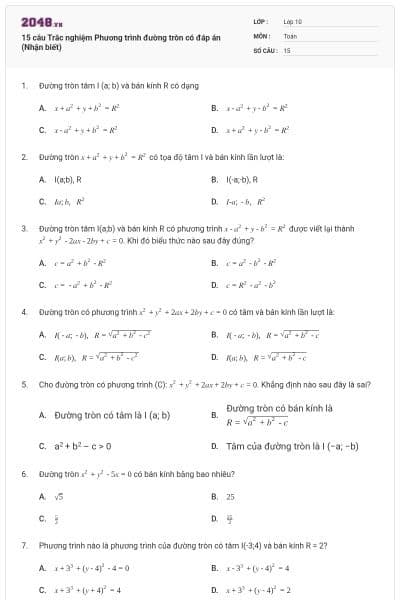 15 câu  Trắc nghiệm Phương trình đường tròn có đáp án (Nhận biết)