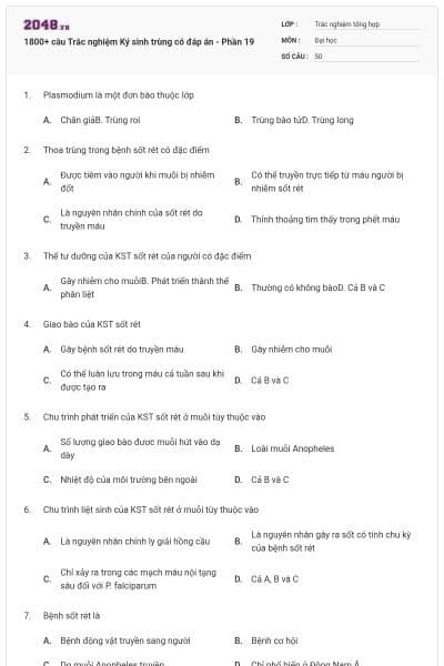 1800+ câu Trắc nghiệm Ký sinh trùng có đáp án - Phần 19
