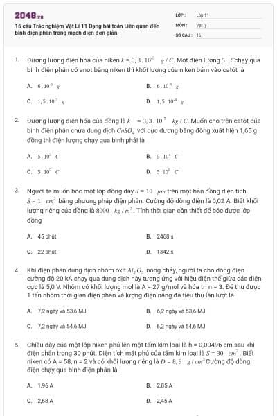 16 câu Trắc nghiệm Vật Lí 11 Dạng bài toán Liên quan đến bình điện phân trong mạch điện đơn giản