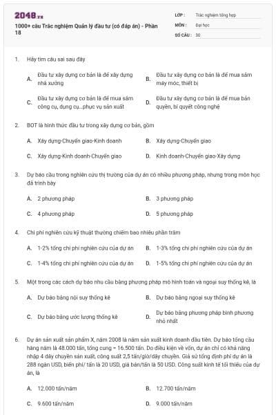 1000+ câu Trắc nghiệm Quản lý đầu tư (có đáp án) - Phần 18
