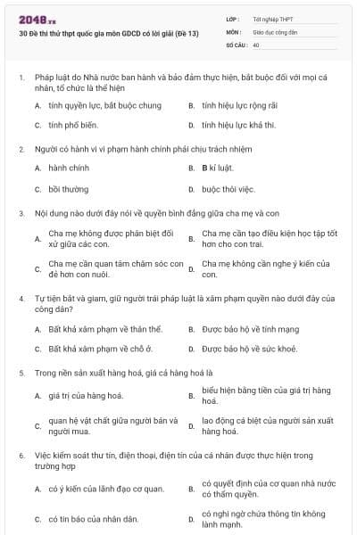 30 Đề thi thử thpt quốc gia môn GDCD có lời giải (Đề 13)