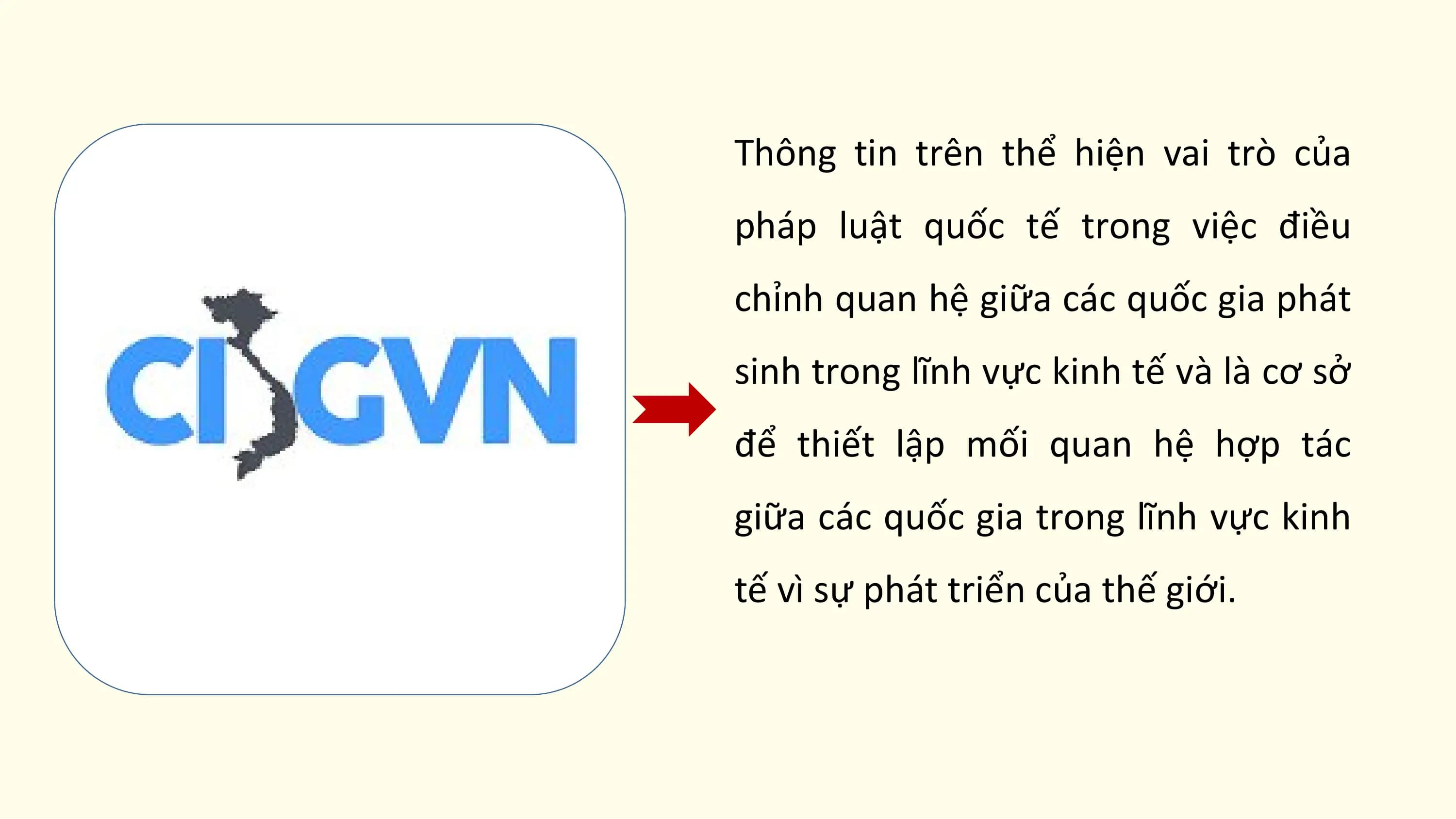 Thông tin trên thể hiện vai trò của
pháp luật quốc tế trong việc điều
chỉnh quan hệ giữa các quốc gia phát
sinh trong lĩnh vực kinh tế và là cơ sở
để thiết lập mối quan hệ hợp tác
giữa các quốc gia trong lĩnh vực kinh
tế vì sự phát triển của thế giới.