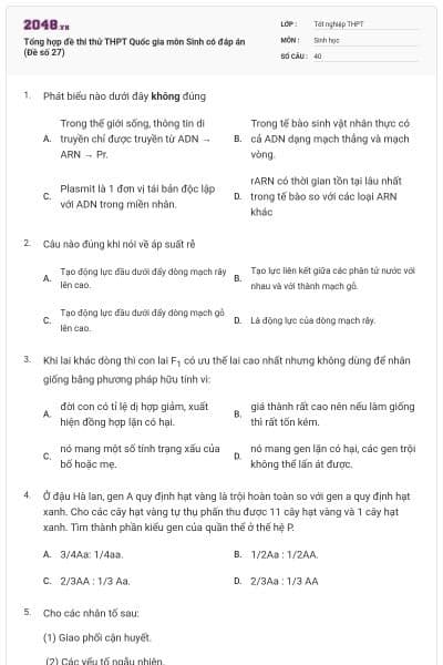 Tổng hợp đề thi thử THPT Quốc gia môn Sinh có đáp án (Đề số 27)