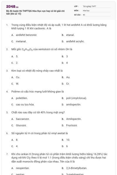 Bộ đề  luyện thi THPTQG Hóa Học cực hay có lời giải chi tiết (Đề số 15)