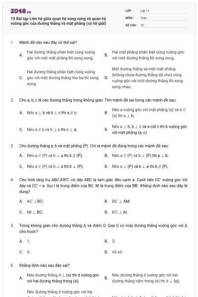 10 Bài tập Liên hệ giữa quan hệ song song và quan hệ vuông góc của đường thẳng và mặt phẳng (có lời giải)