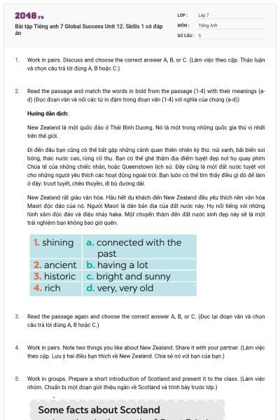 Bài tập Tiếng anh 7 Global Success Unit 12. Skills 1 có đáp án